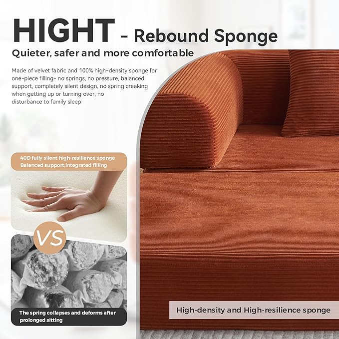 Upgrade High Backrest Design Sofa Bed with Fixed-Shape Frame &amp Removable Armrests and Backrest Corduroy Fabric Convertible Mattress Couch for Small Spaces - No Assembly Needed (High Backrest Ora