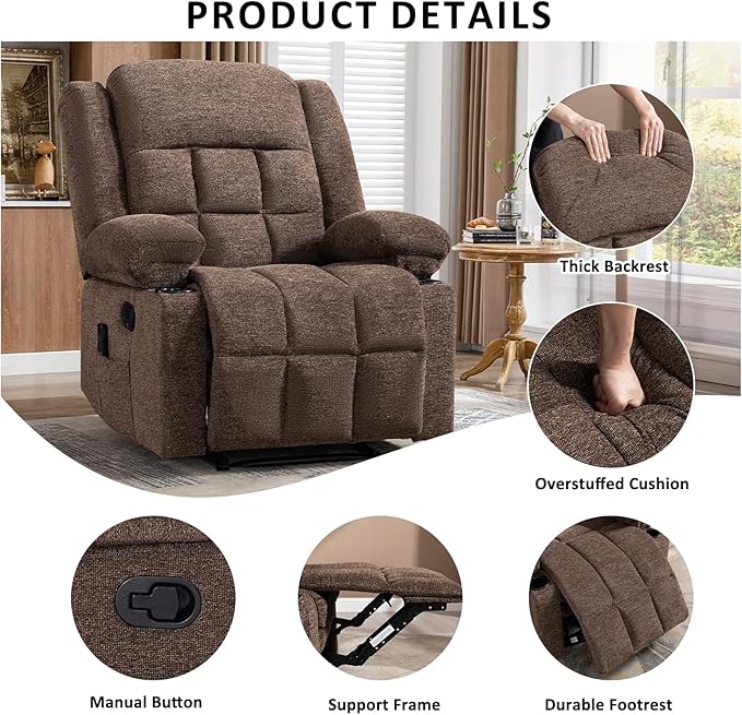 EBELLO Manual Recliner Chair for Adults with Vibration Massage and Lumbar Heating Soft Fabric Recliner Single Sofa for Living Room with Side Pocket and Two Cup Holders Brown