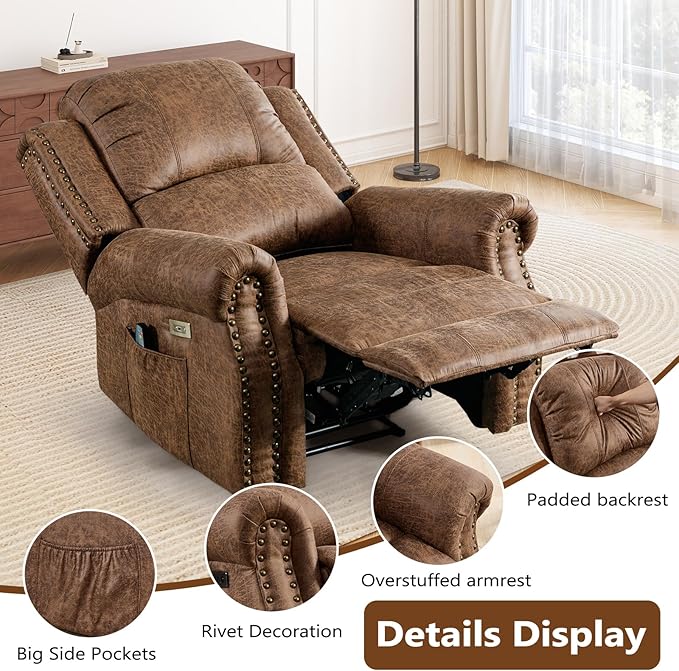 Classic 2 Electric Recliners with Massage &amp Heat for Adluts Faux Leather Power Recliner Chair with USB Port Overstuffed Heavy Duty Reclining Sofa with Rivets for Living Room Brown