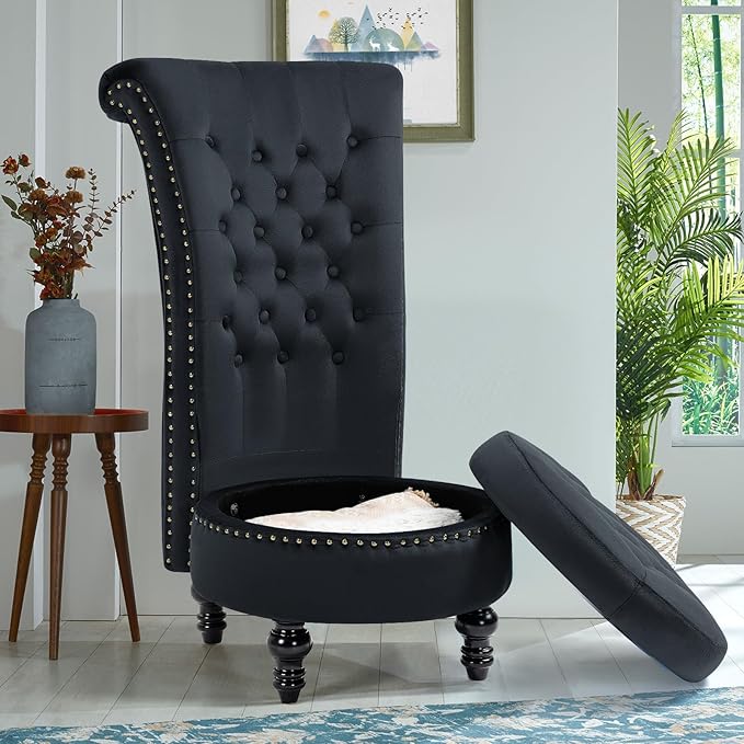 AVAWING High Back Throne Chair Velvet Armless Royal Accent Chair w/Storage Nailhead Trim &amp Rubberwood Legs for Living Room &amp Bedroom Black
