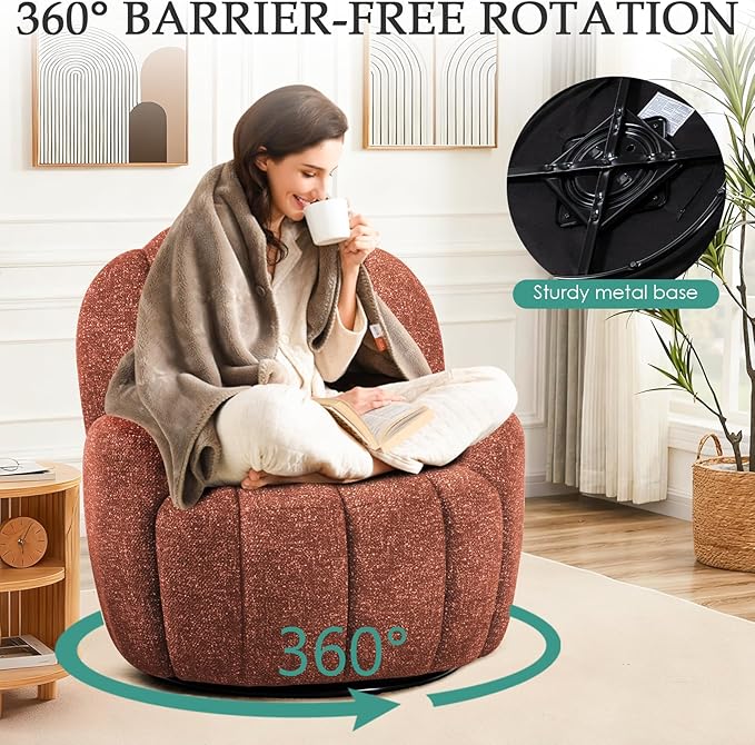 2 Pcs Mid Century Modern 360° Barrel Swivel Accent Sofa Chair Fluffy Cozy Linen Fabric Upholstery Lounge Upholstered Armchair Reading Chair Sturdy Base For Living Room Bedroom Office (Orange)