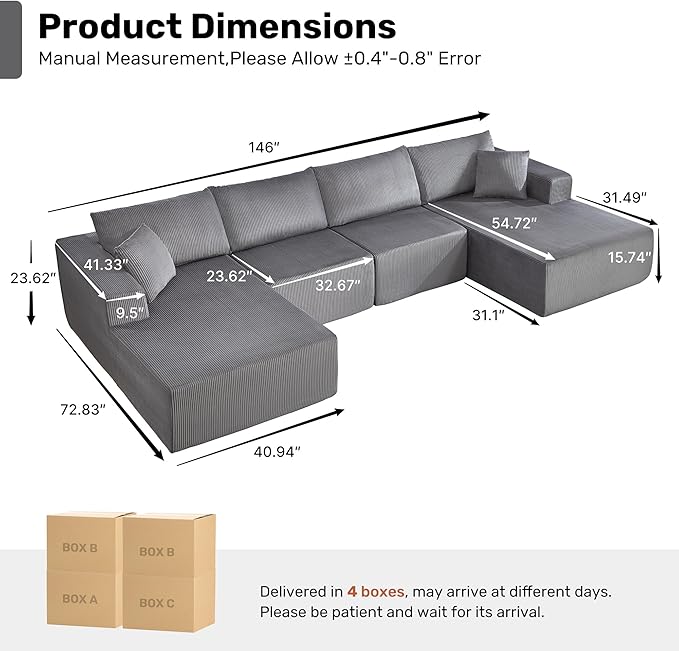 Modular Sectional Sofa146 U-Shaped Boneless Sofa for Living RoomOversized 4-Seater Deep Seat Cloud CouchesCorduroy Upholstered Corner Sofa CouchNo Assembly RequiredDarkgrey