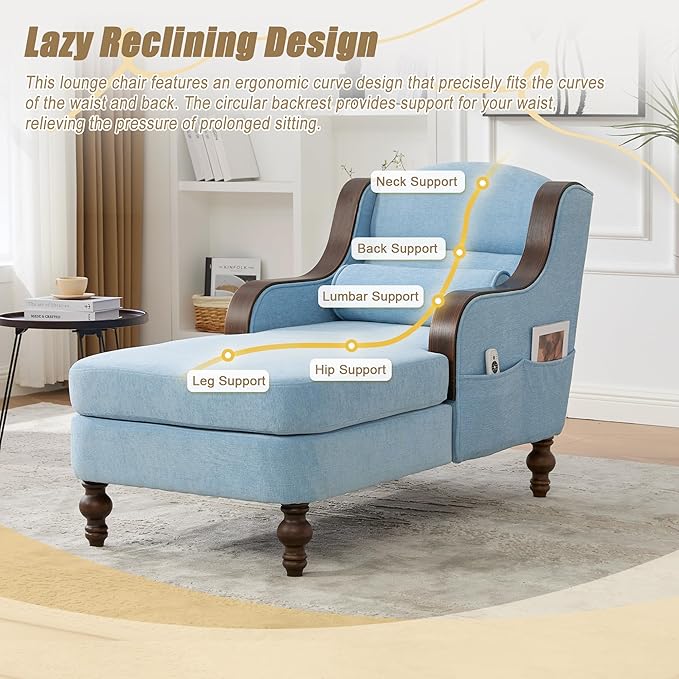 Upholstered Oversized Chaise Lounge Chair Solid Wood Frame Comfy Arm Chair with Thick Double-Layer Cushion Curved Armrests Modern Overstuffed Sleeper Recliner for Bedroom Living Room (Light Blue)