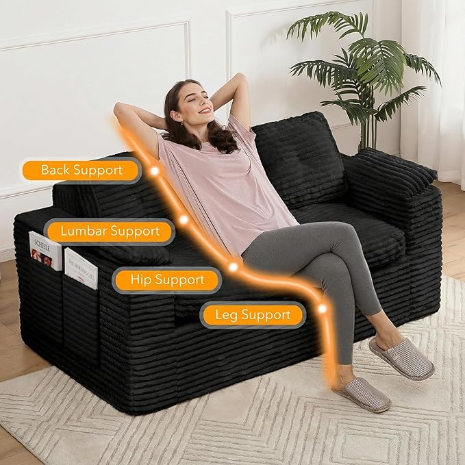 Boneless Loveseat Sofa 60in Cloud Couch Sofa for Living Room 2 Seater Modern Lounge Sleeper Couch with Removable Cover Corduroy with Armrest Seat Cushion &amp Pillows for Small Spaces Black