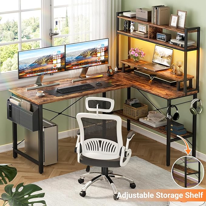 Aheaplus L Shaped Gaming Desk with Power Outlets &amp LED Lights Small L-Shaped Desk Computer Corner Desk with Monitor Stand &amp Storage Shelf Home Office Desk Writing Desk with Storage Bag Rust