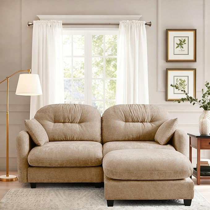 74 L-Shaped 2-Seater Sectional Sofa with Ottoman - Chaise Lounge Couch Plush Double-Tone Chenille &amp Ergonomic Support for Apartment LivingCamel
