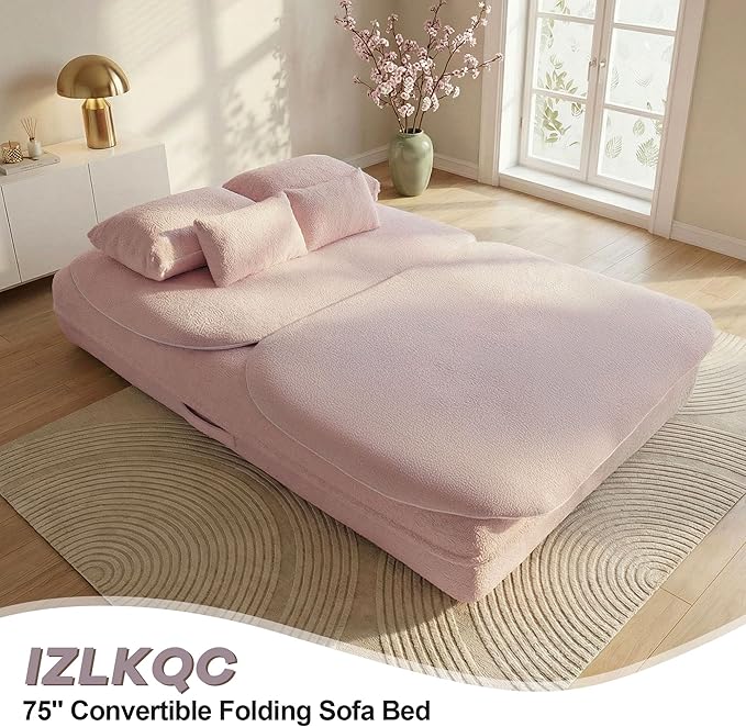75'' Folding Sleeper Sofa Bed Convertible Memory Foam Boneless Couch Foldable Full Size Guest Bed Modern 2-in-1 Futon Floor Sleeper Sofa with 4 Pillows and Blanket (Teddy Pink2)