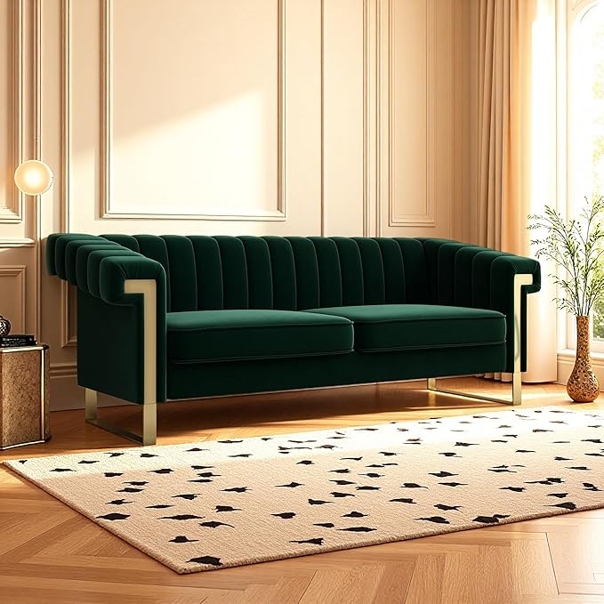 KEIKI 84 Velvet Sleek Channel-Tufted Sofa with Armrest and Back Cushions Modern Gold Accents 3-Seater Upholstery Couch with Solid Legs Easy Assembly for Living Room Bedroom Apartment Green
