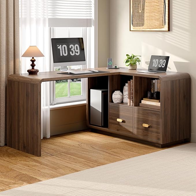 ONBRILL 58 Executive L Shaped Desk Home Office Desk with File Drawers Computer Desk with Power Outlets and Storage Shelves Corner Computer for Home Office (Walnut)