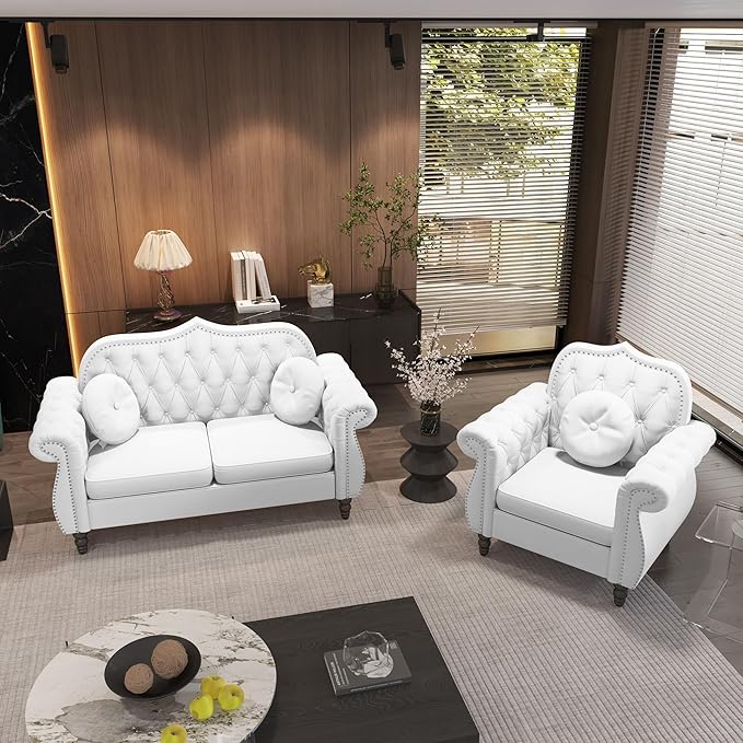 AVZEAR Chesterfield 2-Piece Living Room Sectional Sofa Set Mid-Century Modern Upholstered Velvet Sofa Couch Classic Tufted Button Sofa with Nailhead Trim for Living Room (1+2 Seat White)