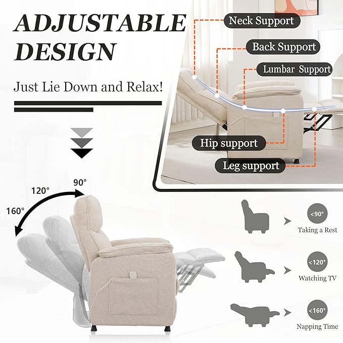 Small Electric Nursery Recliner Chairs for AdultsGrey Power Recliner Chairs with Remote &amp Side Pockets Fabric Reclining Chair for Living Room Bedroom Ofiice Comfort &amp Space-Saving (Beige)