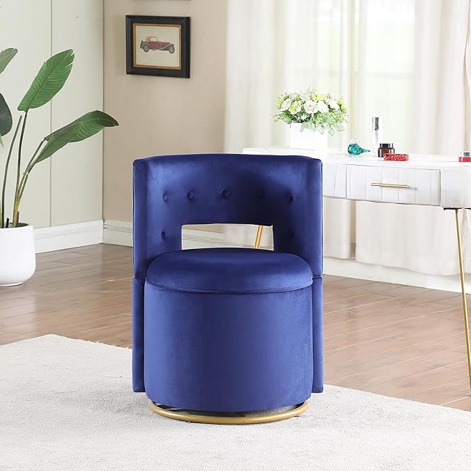 Swivel Barrel Chair 360°Swivel Vantiy Chair with Storage Modern Small Round Swivel Chair Velvet Curved Chair Accent Chair for Living Room Bedroom (Blue)