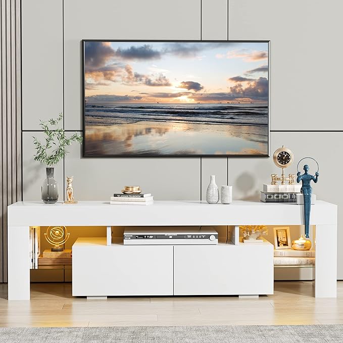 JUMMICO TV Stand with LED Lights Modern Entertainment Center Media and Open Shelf Console Table Storage Desk with 1 Drawer and Remote Control 20 Color LED Lights up to 70 Inch TV (White)
