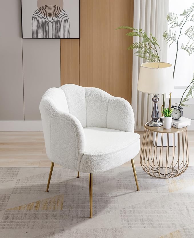 Shell Shape Teddy Fabric Armchair Accent Chair with Gold Legs for Living Room BedroomCreme White