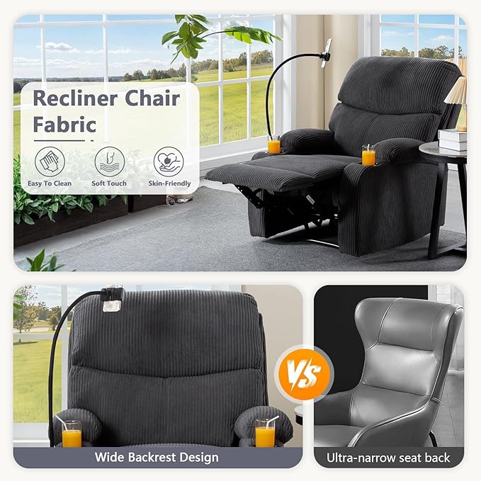 Manual Recliner ChairModern Corduroy Reclining Chairs with Phone Stand &amp Cup HoldersOverstuffed Single Sofa Recliner for AdultsLiving Room Bedroom Home Theater (Dark Grey)