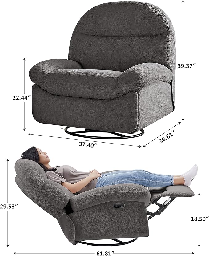 VANOMi Power Recliner Chair with USB &amp Type-C Charging 270° Swivel Glider Rocker Electric Nursery Recliner for Living Room Bedroom Office Dark Gray