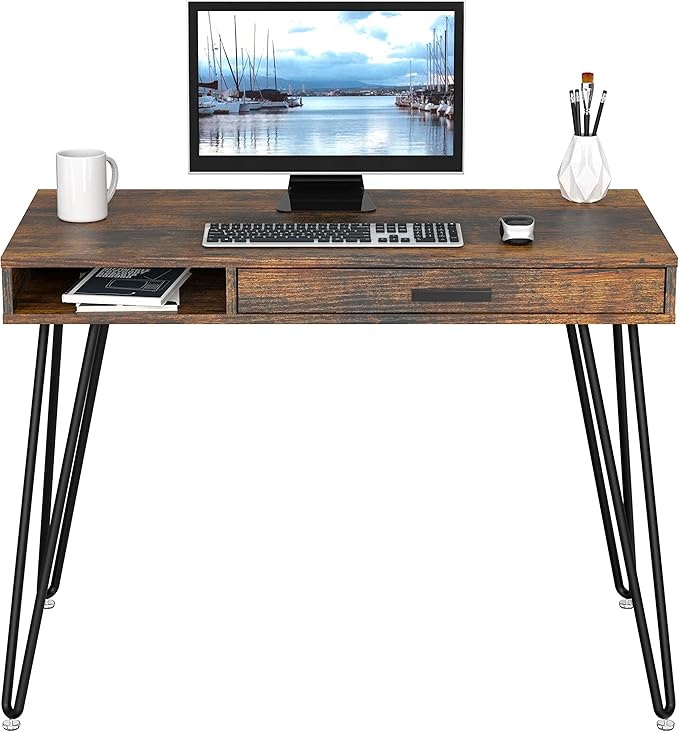 SHW Home Office Computer Hairpin Leg Desk with Drawer Rustic Brown