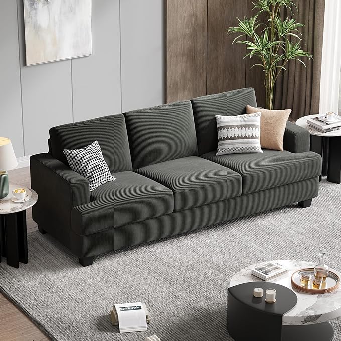 89 Inch Sofa with Extra Deep Seats Oversize 3 Seater Sofa for Living Room Modern Couch and Sofa Comfy Armrests and Seats and Backrests Easy Installation Corduroy Fabric Grey