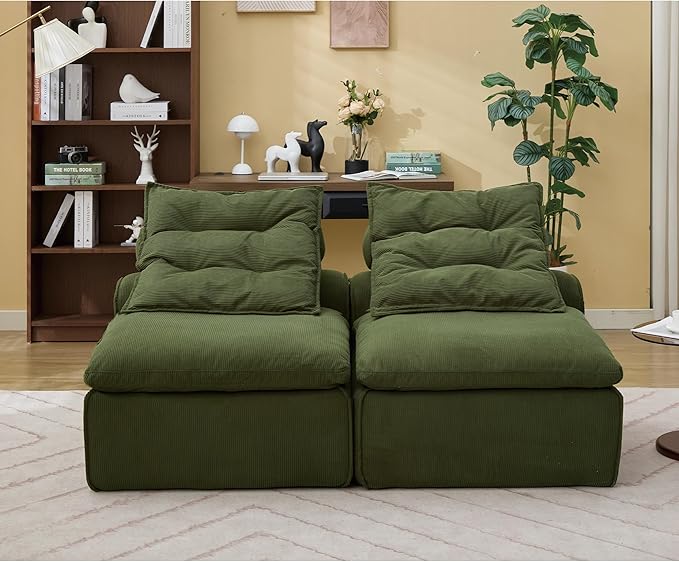 2 Seats Modular Sectional Couches with Neck Pillow &amp Backrest Corduroy Armless Upholstered Loveseat Sofa Chair for Living Room Apartment At Will DIY (Green)
