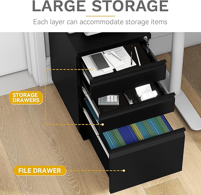 DWVO 3-Drawer Mobile File Cabinet Pre-Assembled Metal Filing Cabinet for Legal/Letter Size Lockable Office Storage with 6 Casters Black