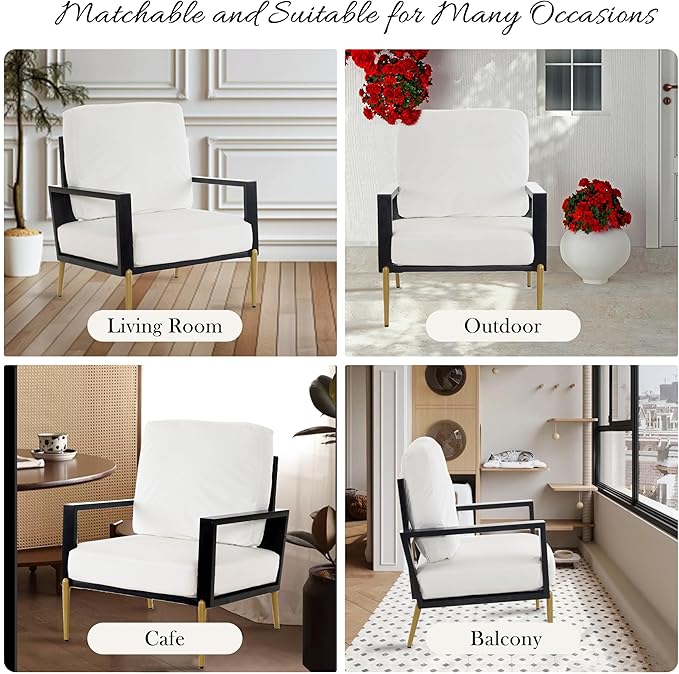 Modern Low Back White Upholstered Accent Armchair with Gold Metal Legs &amp Rubberwood Frame Chic Wide Armrest Minimalist Lounge Chair with Pillow Back Single Sofa Chair for Living Room&ampBalcony