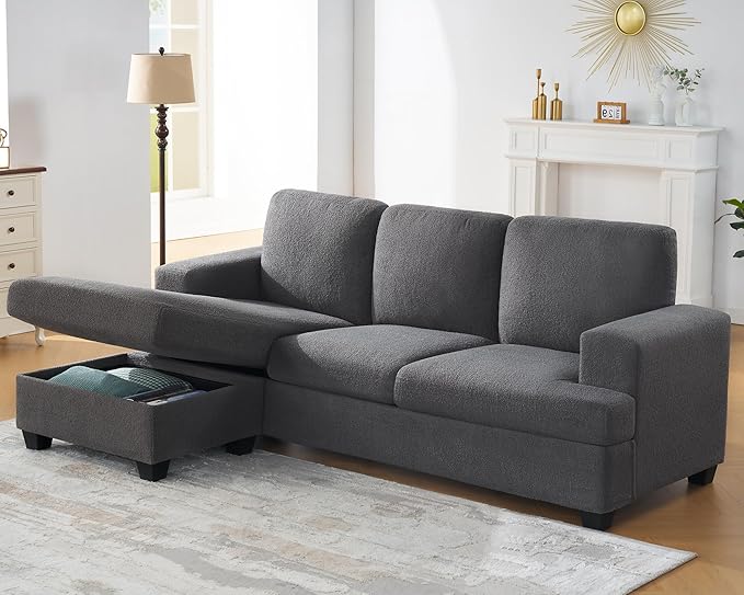 VanAcc 88 Inch Reversible L Shape Sofa Convertible Sofa with Storage L Shape Couch with Chaise Comfy Couches for Living Room Grey Bouclé