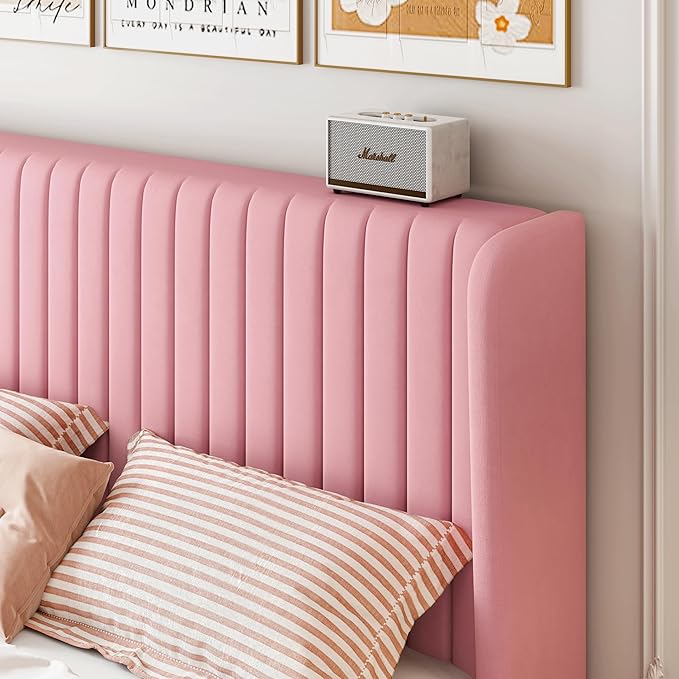 SHA CERLIN King Size Velvet Bed Frame with Vertical Channel Tufted Wingback Headboard Upholstered Platform Bed with Wood Slats No Box Spring Needed Easy Assembly Pink