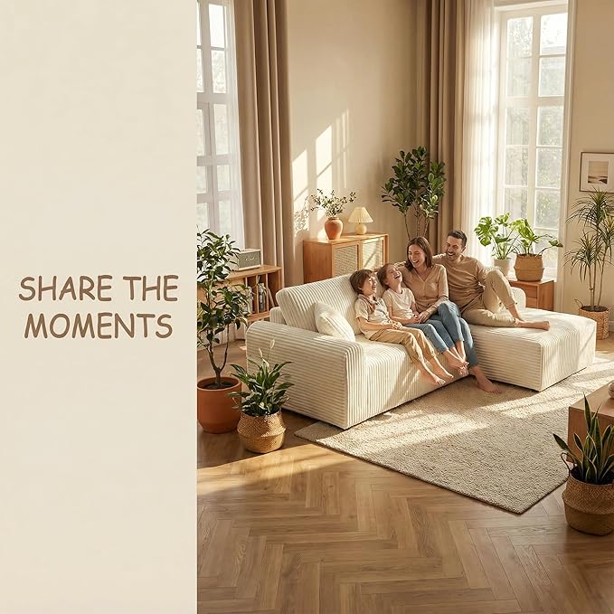 109“L-Shaped Sectional Sofa Boneless Couch Upholstery Cloud Modular Couch with Chaise No Assembly Required Corduroy Fabric Combination Deep Seat Living Room Bedroom(Cream Right Hand Facing)