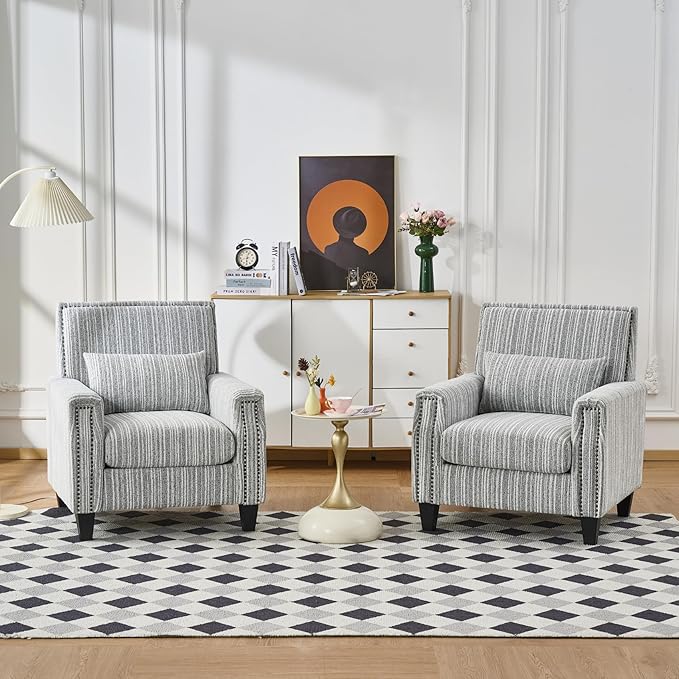 Stripes Accent Chair Modern Upholstered Boucle Fabric Armchair Single Sofa with Wood Legs for Living Room Patio Grey Stripes.