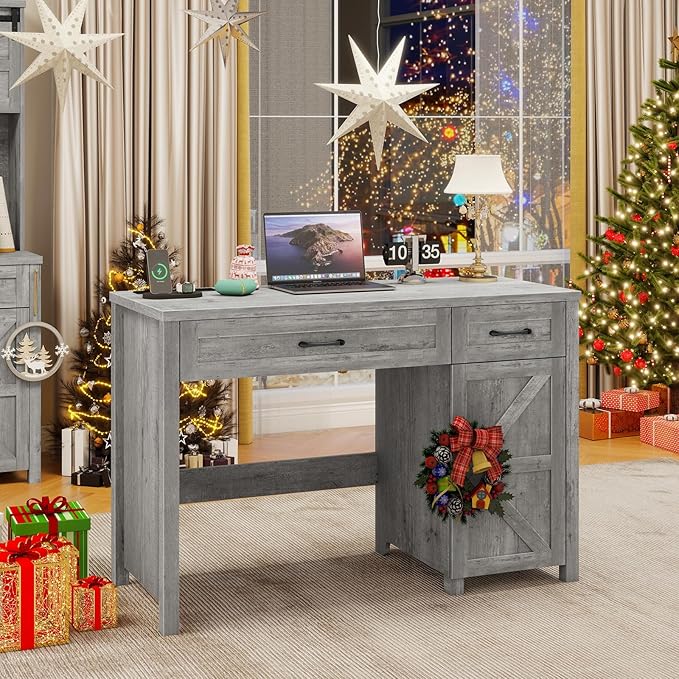 Farmhouse 47 Executive Desk Computer Desk with Drawers and Storage Cabinet Workstation for Home Office and Study.(Grey)