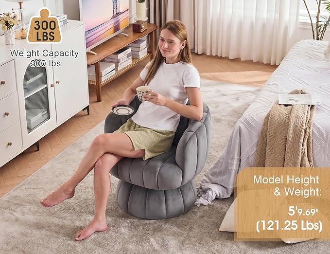 Mid Century Modern 360 Degree Barrel Swivel Accent Sofa ChairFluffy Velvet Fabric Lounge Wide Upholstered Pumpkin Reading Chair Round Cloud Armchair for Living RoomBedroomVanity(Gray)