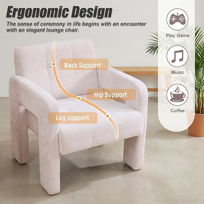 Arletta Modern Minimalist Armchair Beige Chenille Upholstered Single Chair Nordic Style Living Room Seating with Padded Arms 500 LBS Load Capacity 26.57x27.17x29.33 Inches