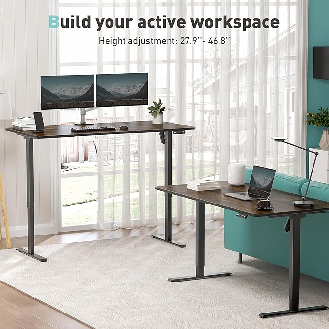 One-Piece Electric Standing Desk 48 x 24 Inch Adjustable Height Sit to Stand Up Desk for Home Office Work &amp Study Black Frame &amp Brown Desktop (2 Packages)