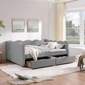 Cozy Gingham Daybed with 2 Drawers Queen Size Sofa Bed No Box Spring Needed with USB Port and Adorable Wave Shaped Linen Fabric Navy (Black+Queen+2 Drawers)