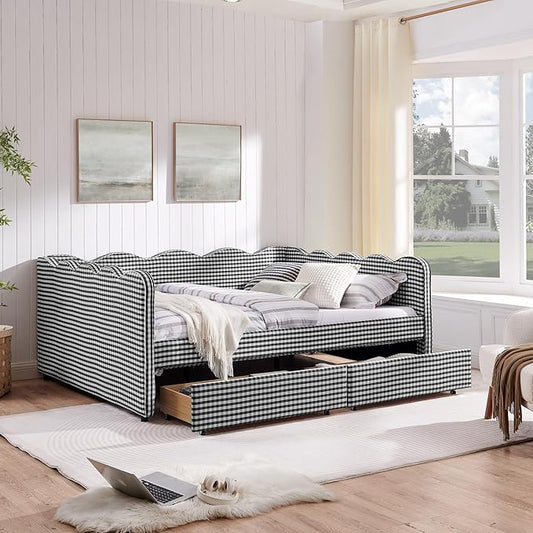 Cozy Gingham Daybed with 2 Drawers Queen Size Sofa Bed No Box Spring Needed with USB Port and Adorable Wave Shaped Linen Fabric Navy (Black+Queen+2 Drawers)