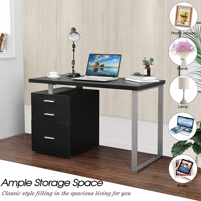 Festival Depot 47.5 Home Office Desk Modern Computer Desk with Metal Frame Laptop Table with Reversible File Cabinet Including Drawers for Study Working