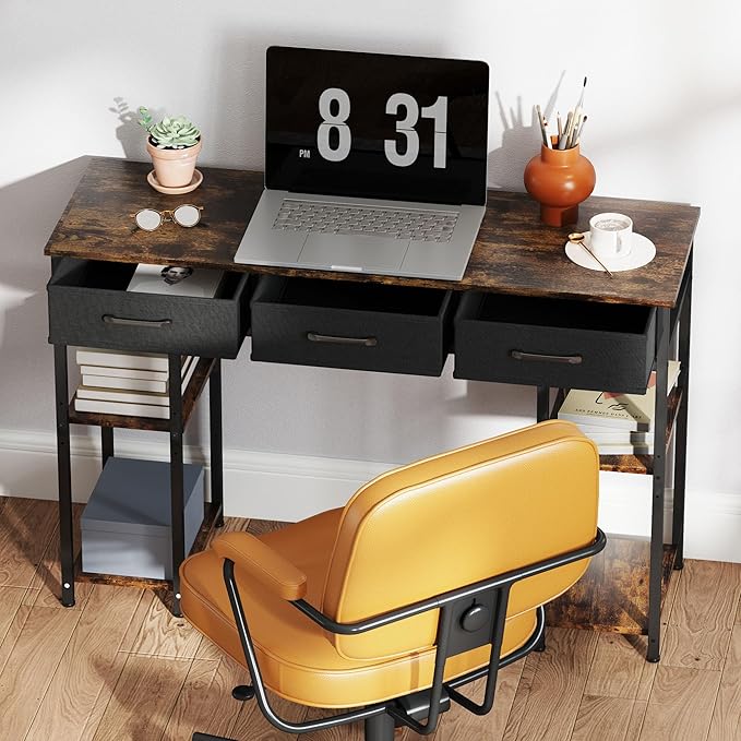 HOMCOM 47 Computer Desk with 3 Fabric Drawers Home Office Desk with Adjustable Shelves Small Writing Desk with Storage Rustic Brown