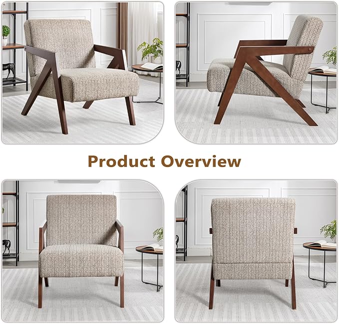 Bonzy Home Mid-Century Modern Accent Chair with Solid Wood Frame Upholstered Armchair for Bedroom &amp Living RoomReading Side Chair with Soft Lien Fabric CushionEasy Assembly