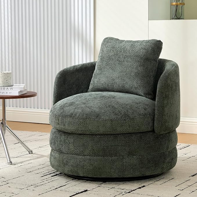 30 W Modern Round Swivel Barrel Accent Chair with Pillow Chenille Upholstered Single Club Sofa Chair for Living RoomBedroom Reading Room Balcony Lounge (Green)