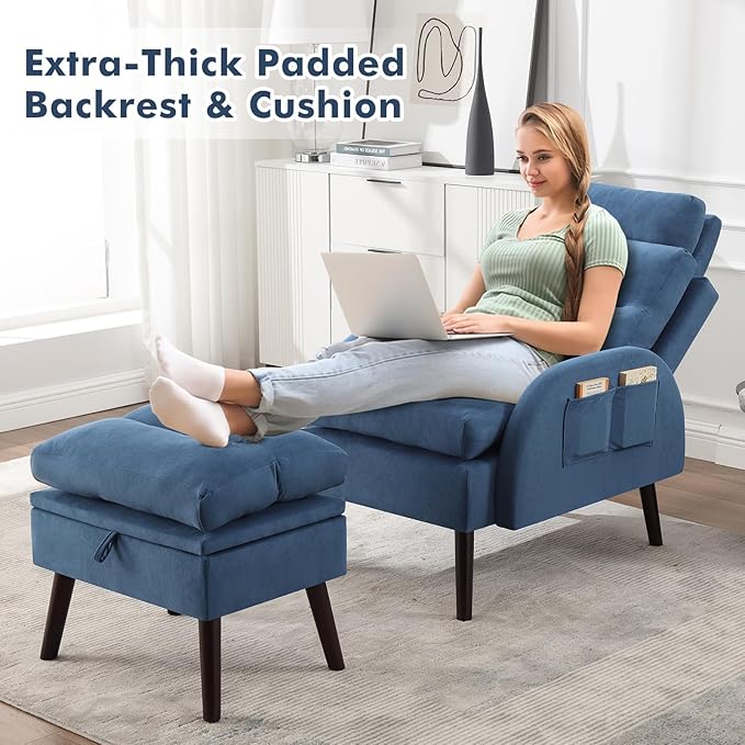 Accent Chair with Ottoman Velvet Comfy Reading Chair and Ottoman Set Modern Oversized Velvet Lounge Sleeper Armchair with Adjustable Backrest for Living Room Bedroom Blue