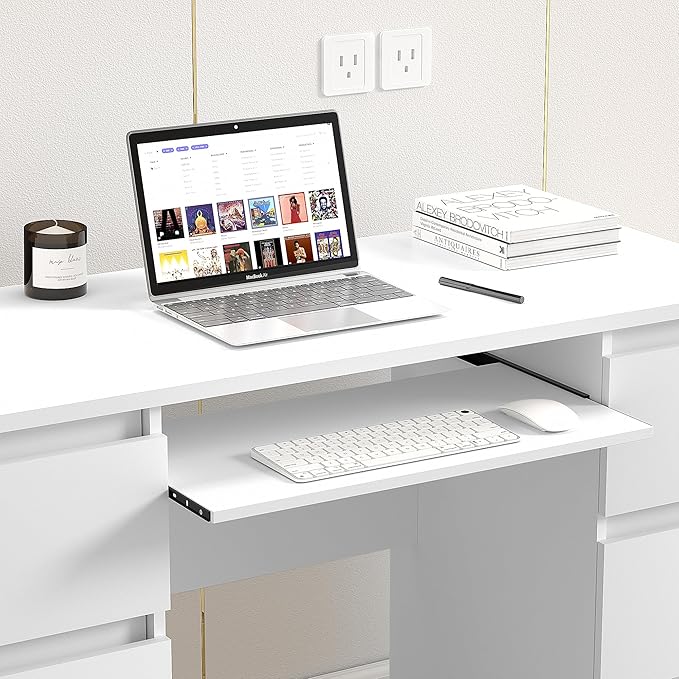 White Desk with Drawers Computer Desk for Bedroom Home Office Table with Storage 47 Inch Writing Wood Desks Executive Desks Workbench Study Counter Small Gaming Table White