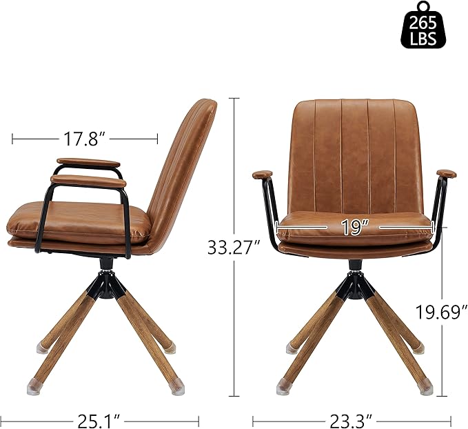 Art Leon Desk Chair No Wheels Set of 2 Mid Century Modern Swivel Chair with Oak Wood Legs Faux Leather Home Office Desk Chairs for Bedroom Living Room Yellow Brown