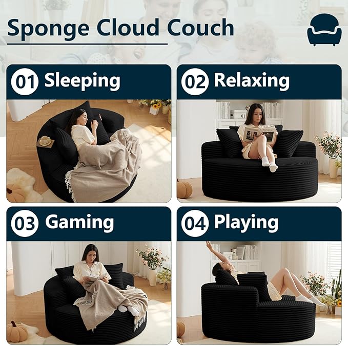 55''L Oversized Round Chaise Longue Chair Indoor Corduroy Sponge Single Sofa Oversized Round Chairs Modern Sleeper Chair for Living RoomProjection Room Wide Armrest Chairs Black