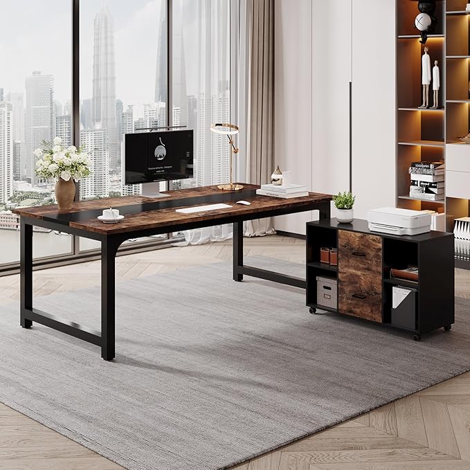 Tribesigns 63 Computer Desk with 40 Lateral File Cabinet L Shaped Executive Desk with Mobile Drawer Cabinet Office Furniture Set for Home Study Workstation Rustic Brown &amp Black