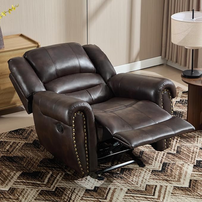 CANMOV Rocker Recliner Chair Leather Recliner Chair with Overstuffed Backrest and Armrests Manual Single Sofa for Living RoomBedroom Dark Brown