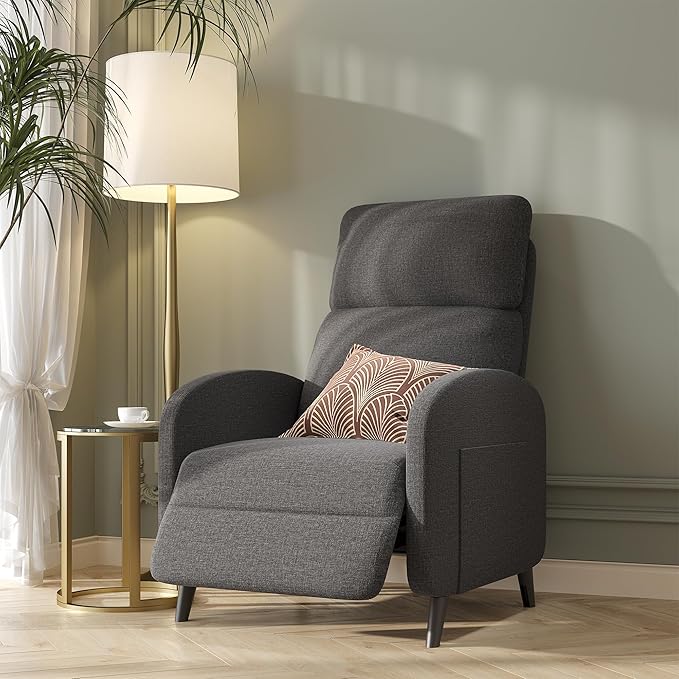FLEXISPOT XC2 Recliner Chair for Adults Fabric Small Reclining Chair Home Theater Seating with Side Pockets Adjustable Modern Single Sofa Armchair Extended Footrest for Living Room(Gray)