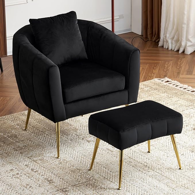 Karl home Velvet Accent Chair Set Barrel Chair with Ottoman Modern Club Chair Reading Armchair with Lumbar Pillow for Living Room Bedroom Study Room Home Office Black