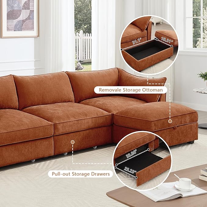 Modular Sectional Sofa with Pull Out Storage Drawers 78.7 L-Shaped Comfy Chenille 2-Seat Sofa with Storage Ottoman Upholstered Deep Loveseat Couch with 2 Pillows for Living Room Orange