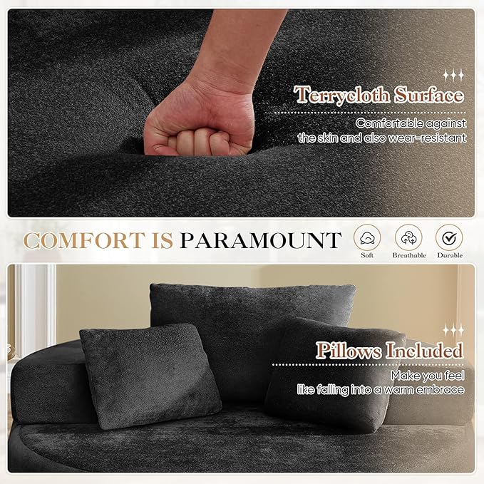 Modern Round Accent Sofa Chair for Living Room Upholstered Soft Terrycloth Barrel Lounge Arm Chair with Large seat&ampThrow Pillows for Bedroom Office Apartment Black