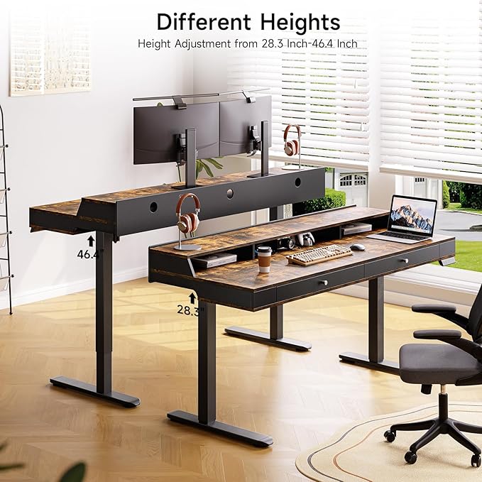 ONBRILL Standing Desk with Drawers 63x23.6 Electric Stand Up Desk with Storage Shelf and Memory Controller Sit Stand Desk Adjustable Height from 28-46 for Computer Workstation Rustic Brown